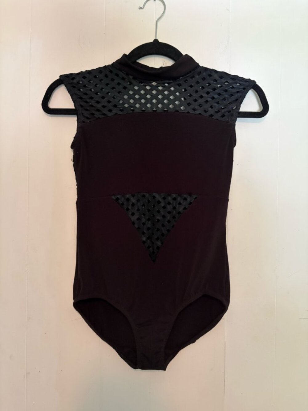 Mockneck black swimsuit / bodysuit with faux leather cut outs and keyhole back